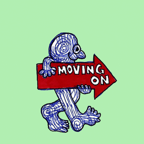 Walking figure holding a sign that says "Moving on"