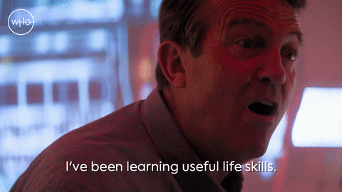 Screencap from Dr. Who showing a man saying I've been learning useful life skills.