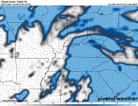The cloud cover clearing up tomorrow morning and turning into clear skies for most of the day (Pivotal Weather - NAM)