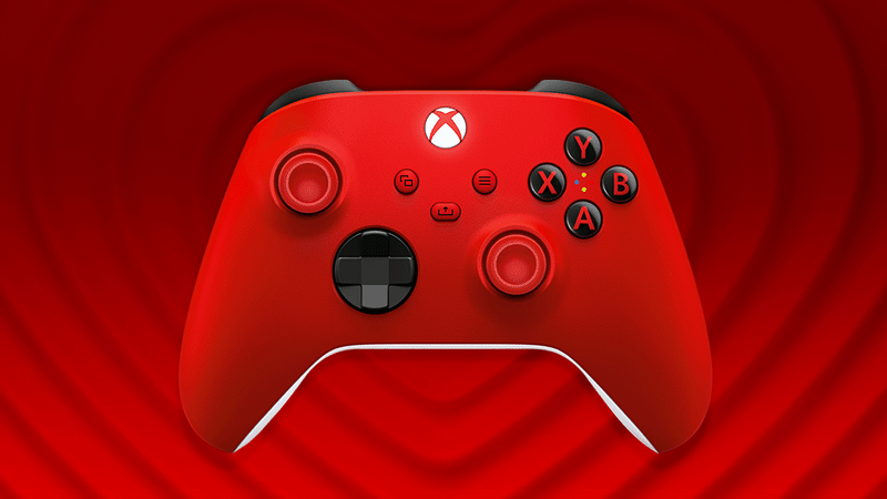 GIF of a red Xbox controller with a heart outline rippling out behind it.