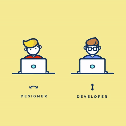 Gif mostrando a diferença entre o designer e o desenvolvedor: o designer olha de um lado para o outro enquanto o desenvolvedor olha de cima para baixo.