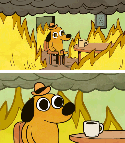 a dog sitting in a room on fire. dog says "this is fine" and sips coffee