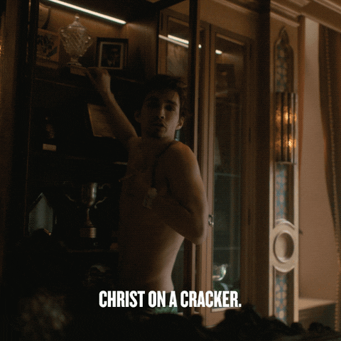 Klaus, naked, turns around clutching his chest: 'Christ on a cracker!'