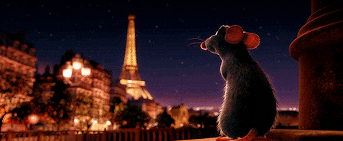 Ratatouille rat looking at Eiffel Tower 