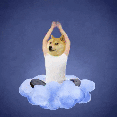 Animated GIF of a man with a dog's head on a cloud with a rainbow that says "nobody cares".