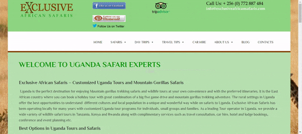 old ugandasafariexperts.com home, menu and contact pages