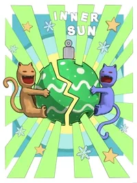Two illustrated cats holding a cracking green sphere under radiating light, titled Inner Sun