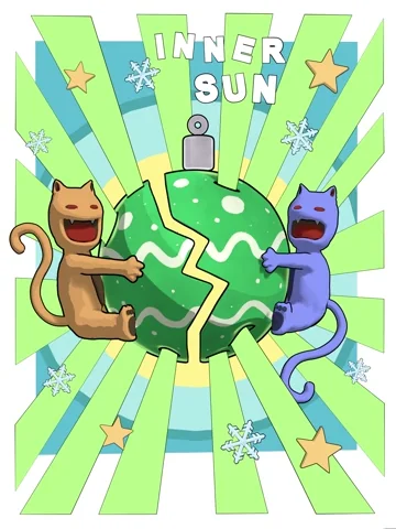 Two illustrated cats holding a cracking green sphere under radiating light, titled Inner Sun
