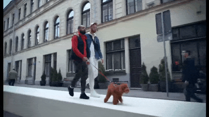 pareja caminando con su perrito por la calle