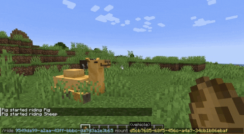 A cow riding a camel in Minecraft - How to Use Ride Command in Minecraft