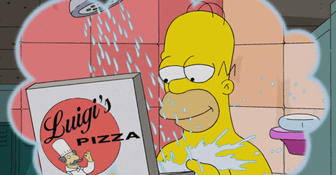 GIF, das Homer Simpson beim Essen eines Pizzastücks unter der Dusche zeigt