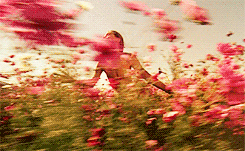 topless guy running through field of flowers