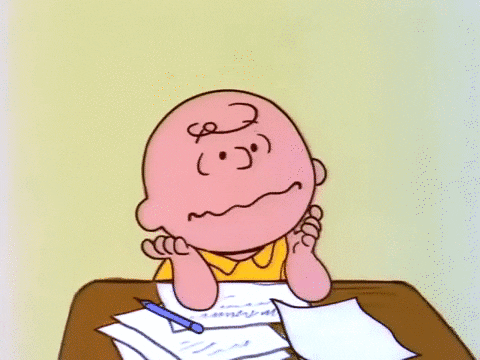 como ter foco nos estudos: gif do personagem Charlie Brown dos Peanuts escrevendo em algumas folhas