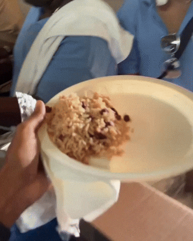 Hands serving a plate of rice at a family dinner table