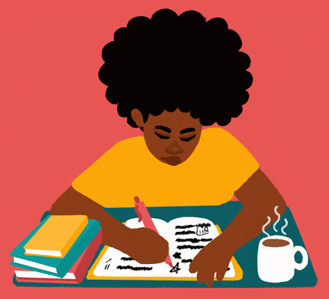 Gif graphic of Black girl writing in notebook with coffee and books