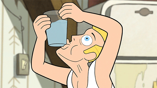Gif of a cartoon character trying to drink water by the wrong way of the glass