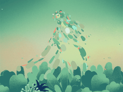 an art animation of a woman walking through shrubbery