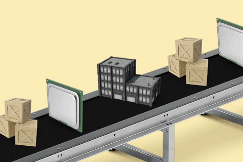 Semiconductors, shipping boxes, and factories on a conveyer belt. Continuous looped GIF 