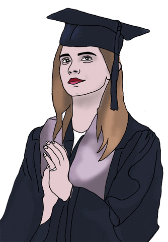cartoon girl in graduation cap and gown, holding hands together.