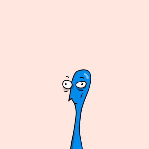 A blue creature with a long neck and bulging white eyes stares at a piece of yellow paper with the word "thing on it," the "thing" paper flies through one side of the creature's head and out of the other side.