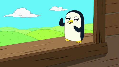 Pinguim do desenho Hora de Aventura dançando, representando o mascote do sistema operacional Linux
