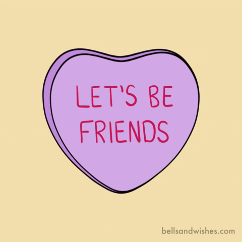 Yellow background with purple love heart saying "Let's Be Friends."