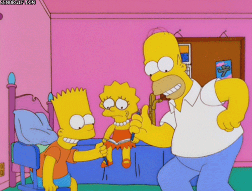 Homer en Bart Simpson doen een wedstrijd pen klikken, terwijl Lisa in de achtergrond droevig een boek leest.