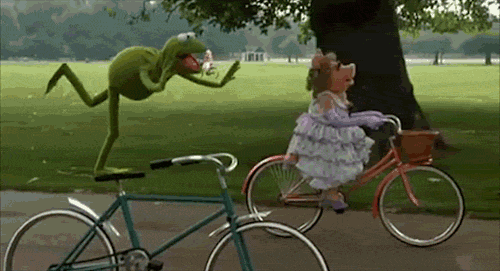 Kermit standing on a moving bike