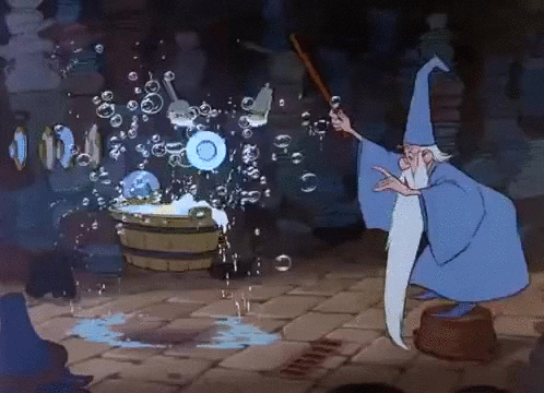 An animated wizard uses magic to wash his dishes in a floating tub of water.