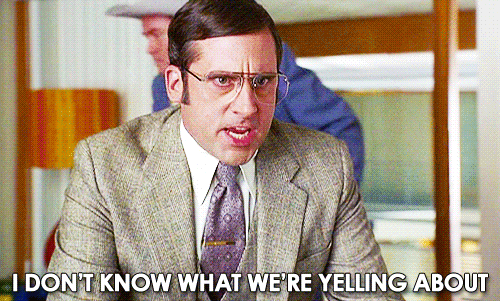 Brick Tamland from "Anchorman" exclaiming, "I DON'T KNOW WHAT WE'RE YELLING ABOUT"