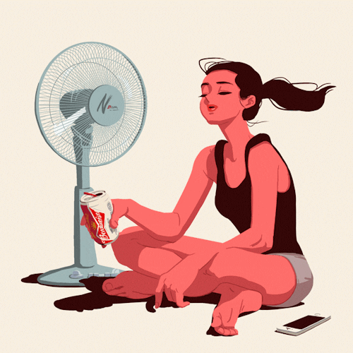 digital illustration of a girl holding a can of soda and sitting in front of an electric fan