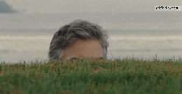 A GIF of a man peeking over a grass hill