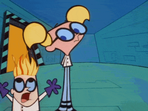 a GIF of Dexter from Dexter's Lab running around Deedee with his hair on fire
