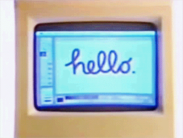 Animation of an original Macintosh with the ‘hello’ on screen