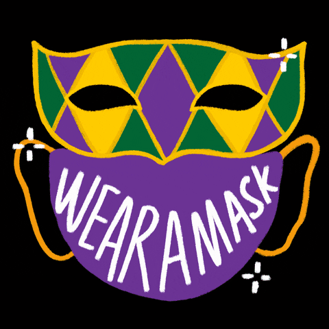 Gif drawing of Mardi Gras cycling masks saying Wear a Mask below on face mask