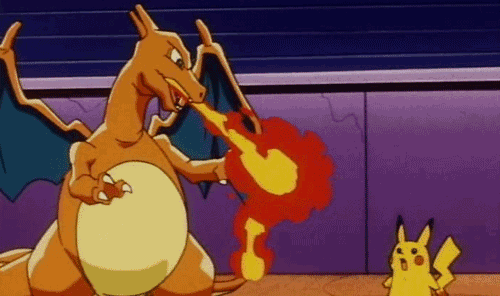 Animated gif of Pokemon characters Charizard and Pikachu shooting fire and lightning at eachother