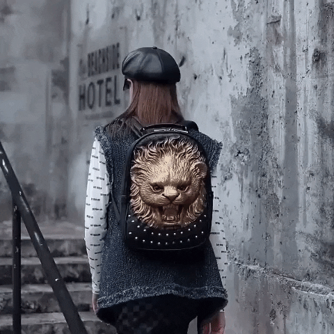 unisex punk backpack with 3D embossed lion head & studs
