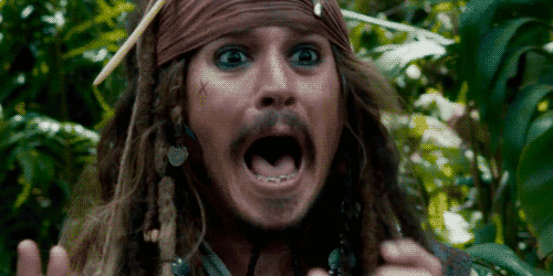 Gif of Captain Jack Sparrow yelling and hushing himself-- surprising teacher stories
