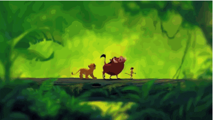 Simba, Timon, and Pumba walking across a log - top Disney song “Hakuna Matata”