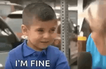 A little boy being asked if he is fine, starts crying instead.