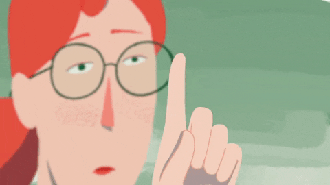 cartoon of female with red hair, round green glasses holding a finger up, moving it side to side as if giving herself an eye test