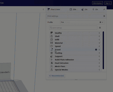 A GIF of a screenshot from Cura print settings. White and grey background. A cursor moves around the print settings menu, clicking to open a variety of options. First it clicks on the "Quality" heading, which expands to reveal settings related to that heading. The cursor hovers over sub-settings called "Layer Height", "initial layer height and "Line Width" which displays a description of each settings. The cursor clicks on the "Quality" heading again to collapse it. Following that, the cursor clicks on the "Support" Setting to reveal its sub-settings. The cursor hovers over the setting called "Support Placement" to reveal a description about the setting before clicking on "supports" again to collapse it. Finally, the cursor clicks on the heading called "Build Plate Adhesion" which expands to reveal settings related to that heading. The cursor hovers over the sub-setting called "Build Plate Adhesion Type" to reveal a description of the setting.