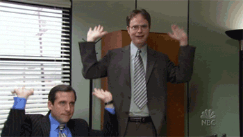 Office characters doing a raise the roof dance