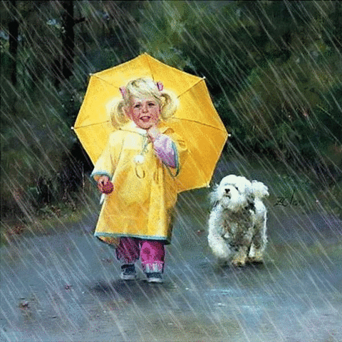 a little girl holding an umbrella together with her little dog walking in the middle of a rain