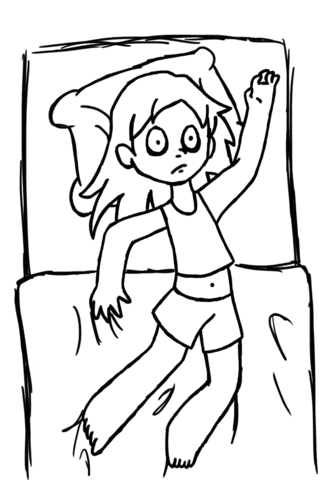 a drawing of a girl in bed who can't sleep
