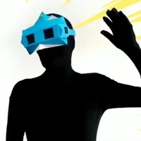 Figure in a blue geometric paper mask waving against a yellow burst