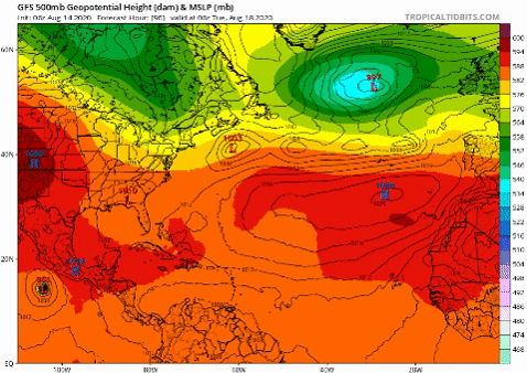 Temperatura y geopotencial a 500 hPa previsto por el modelo GFS / Tropical Tidbits
