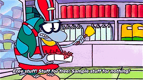 Gif of animated character ringing a bell and saying "Free stuff! Stuff for free! Sample stuff for nothing!"