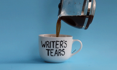 Coffee pouring into a cup marked 'writer's tears'