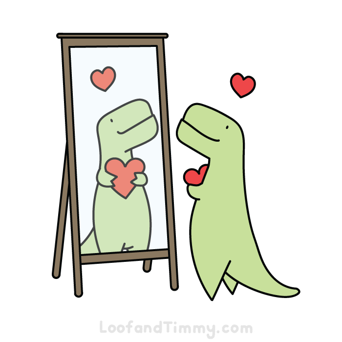 A gif of a dinosaur holding a heart and looking in a mirror while smiling.